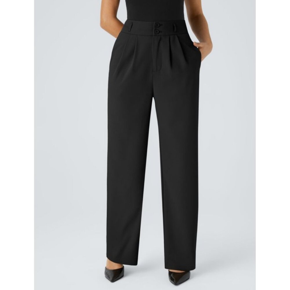 Halara High Waisted Button Zipper Shirred Straight Leg Work Pants Sz XL Petite S